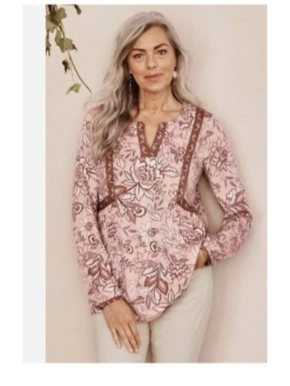 J. Jill Womens Floral Print Boho Tunic Top size 2X plus Pink  Brown Rayon - Picture 7 of 8